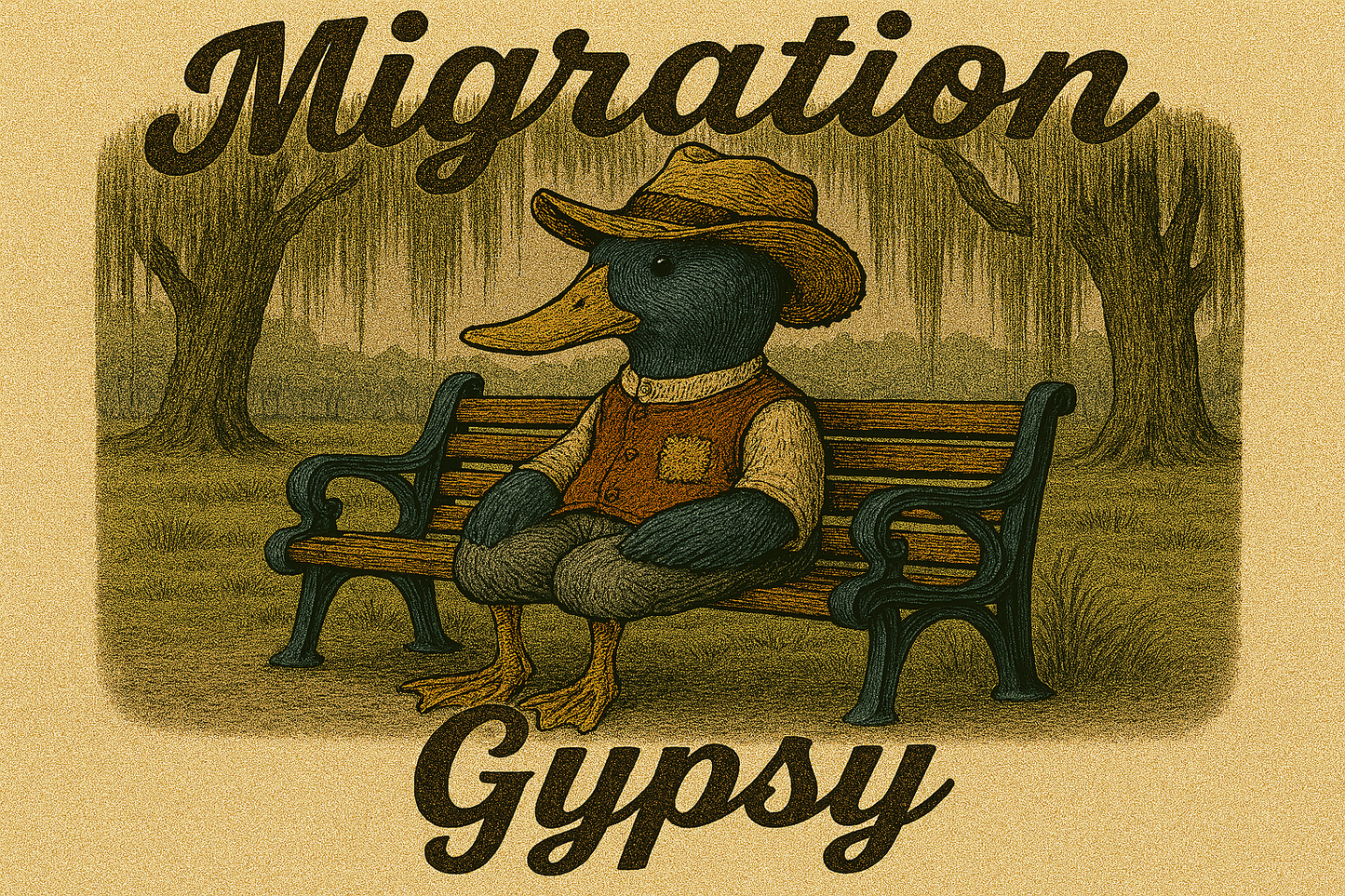 Migration Gypsy Tee | Park Bench Mossy Forest Scene
